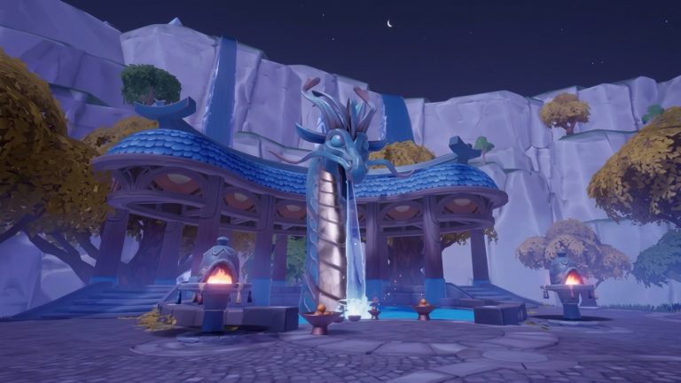Palia Switch NSP dragon-themed fountain building illuminated at night