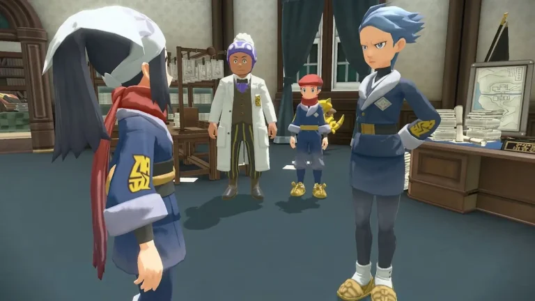 Pokemon Legends Arceus Switch NSP trainer meeting Galaxy Team leaders indoors