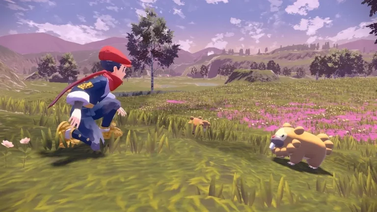 Pokemon Legends Arceus Switch NSP trainer sneaking through grass near wild Pokemon