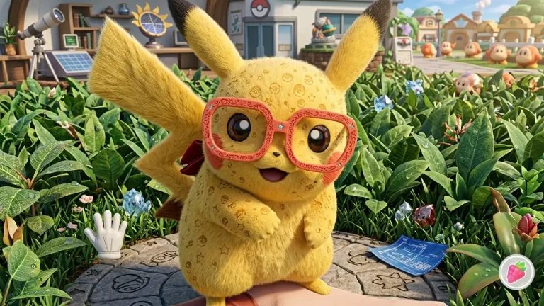 Pokemon Let's Go Pikachu Switch NSP Partner Pikachu wearing glasses in Pallet Town