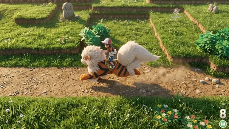 Pokemon Let's Go Pikachu Switch NSP trainer riding Arcanine through a maze garden
