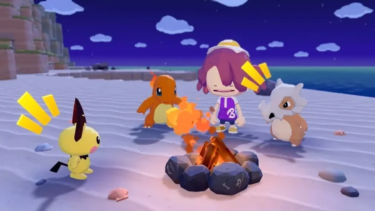Pokemon Pokopia Switch NSP beach campfire scene with Pichu Charmander and Cubone
