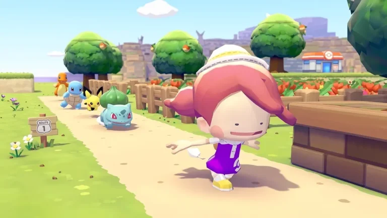 Pokemon Pokopia Switch NSP player walking Route 1 with multiple starter Pokemon