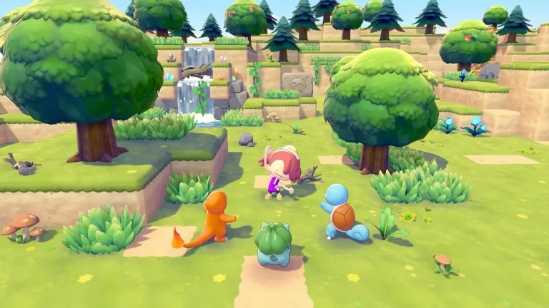 Pokemon Pokopia Switch NSP player with Charmander Squirtle and Bulbasaur starters