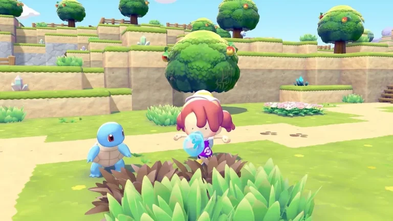 Pokemon Pokopia Switch NSP trainer with Squirtle in terraced garden world