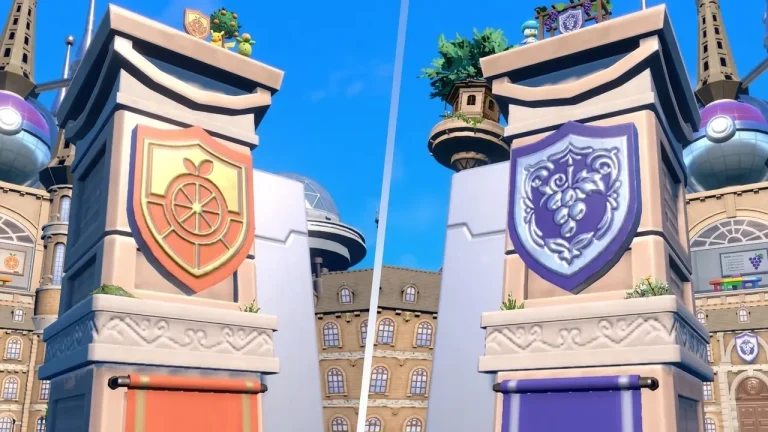 Pokemon Scarlet Switch NSP Two rival academy towers display orange and purple house crest banners.