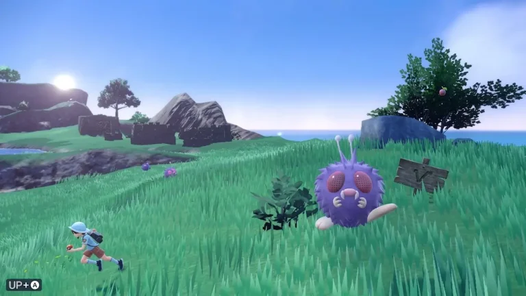 Pokemon Scarlet Switch NSP Trainer approaches a large purple bug-type Pokémon resting in a grassy coastal field.