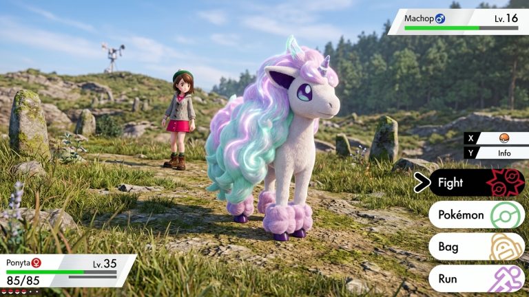 Pokemon Shield Switch NSP trainer battling Machop with Galarian Ponyta in a grassy landscape