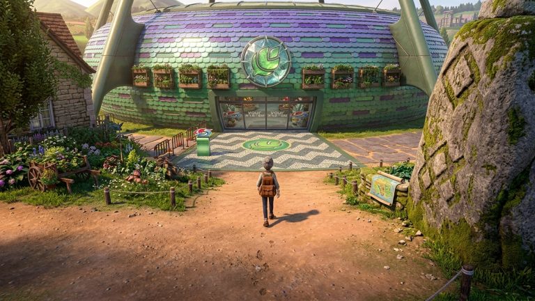 Pokemon Shield Switch NSP approaching a green Pokémon Gym building in the Galar region