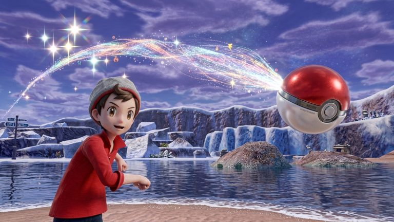 Pokemon Shield Switch NSP trainer throwing a Poké Ball near an icy coastline with sparkling effects