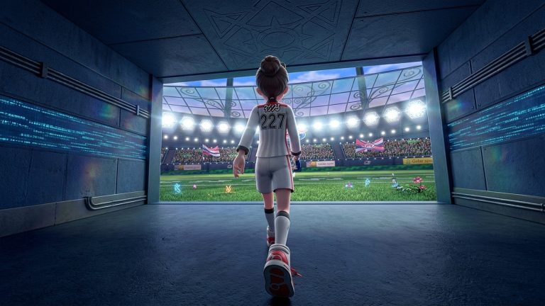 Pokemon Shield Switch NSP walking toward a packed stadium before a Pokémon battle
