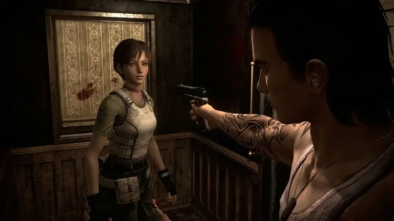 Resident Evil 0 Switch NSP Rebecca Chambers held at gunpoint by tattooed man