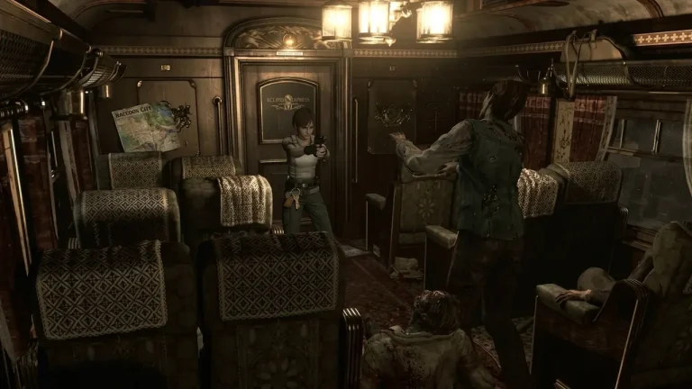 Resident Evil 0 Switch NSP character aiming gun at zombie on Eclipse Express train