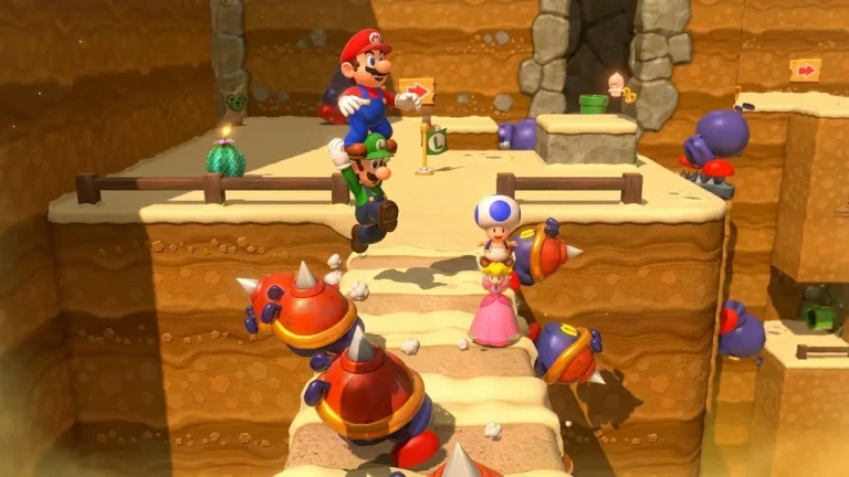 Super Mario 3D World Plus Bowser’s Fury switch NSP Mario Luigi Peach and Toad platforming through a desert cave level