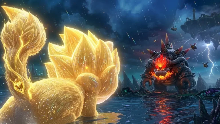 Super Mario 3D World Plus Bowser’s Fury switch NSP Ninetales-inspired creature facing Giant Fury Bowser