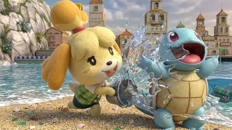Super Smash Bros Ultimate Switch NSP Isabelle battling Squirtle with a water attack