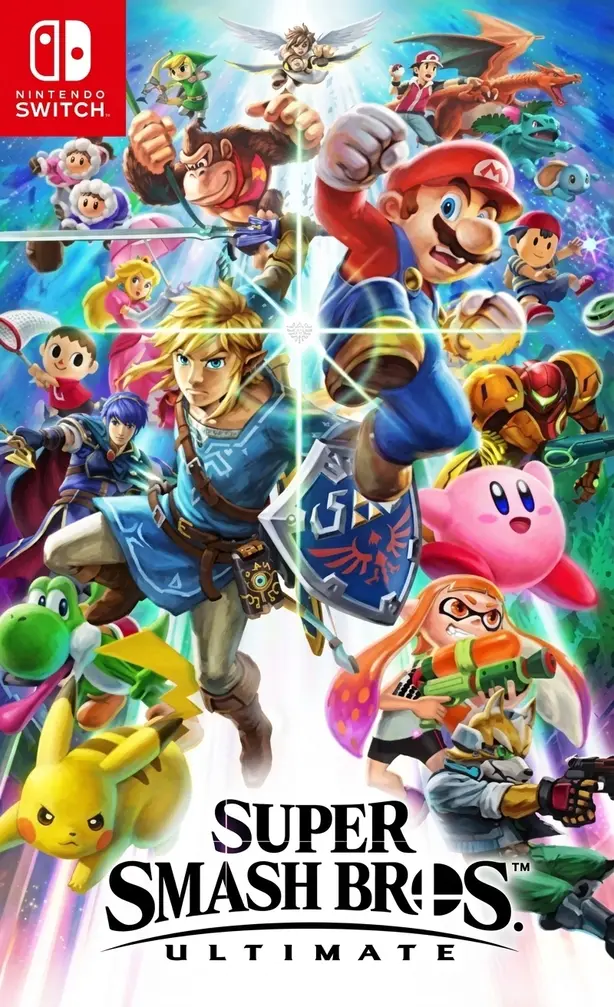 Super Smash Bros Ultimate Switch NSP Nintendo Switch cover featuring Mario Link Donkey Kong and other fighters