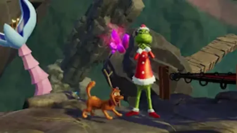 The Grinch Christmas Adventures Switch NSP The Grinch in a Santa suit and Max the dog explore a rocky cliff path