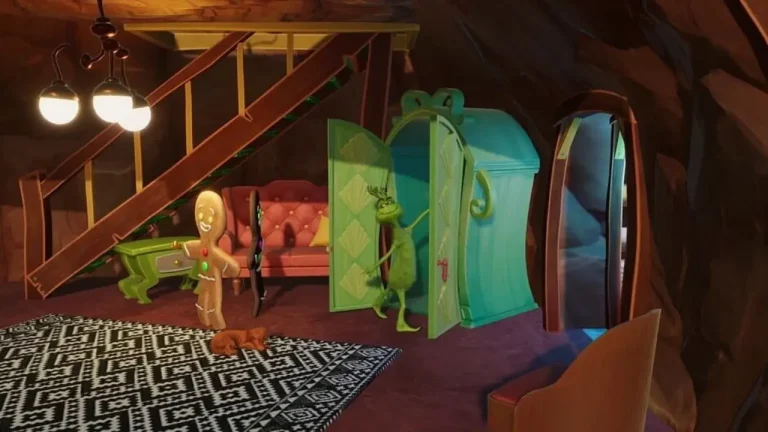 The Grinch Christmas Adventures Switch NSP The Grinch opens a green wardrobe beside a smiling gingerbread man