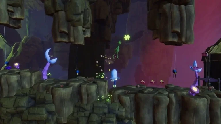 The Grinch Christmas Adventures Switch NSP The Grinch leaps toward a glowing green puzzle piece in a dim cave with stone ledges and hanging spiders.