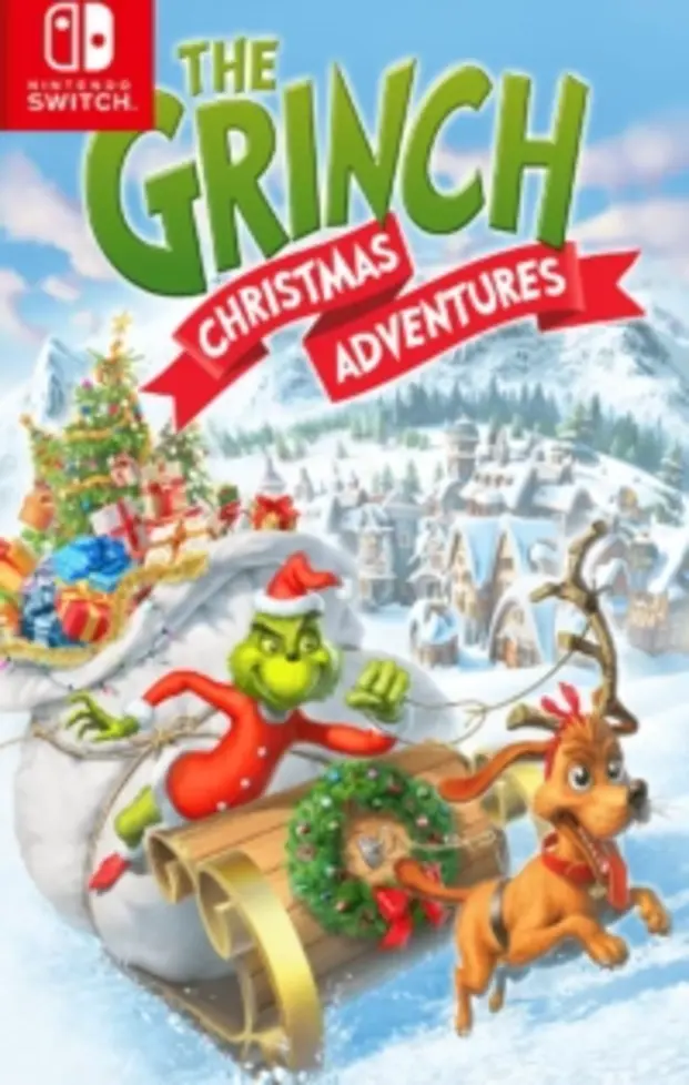 The Grinch Christmas Adventures Switch NSP Nintendo Switch cover art for The Grinch: Christmas Adventures with the Grinch and Max on a sleigh.