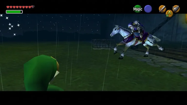 The Legend of Zelda Ocarina of Time Switch NSP Link facing armored rider on horseback at night