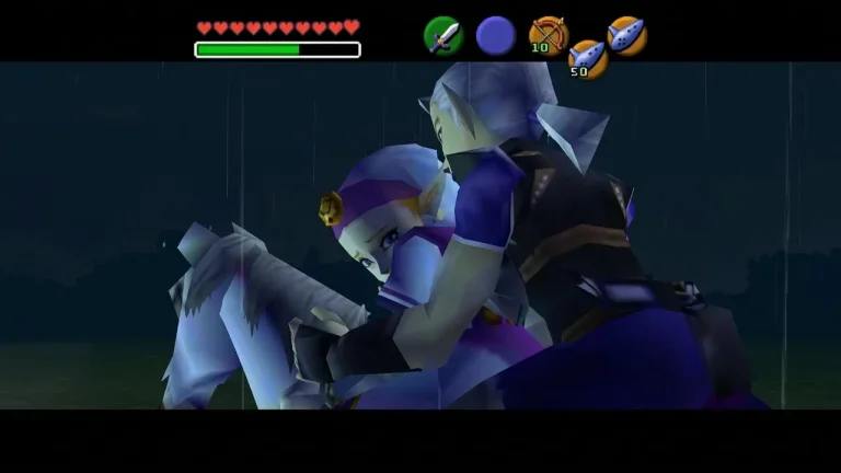 The Legend of Zelda Ocarina of Time Switch NSP rainy night cutscene with Link and Zelda on horseback