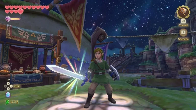 The Legend of Zelda Skyward Sword Switch NSP Link holding Skyward Sword and shield at night in Skyloft