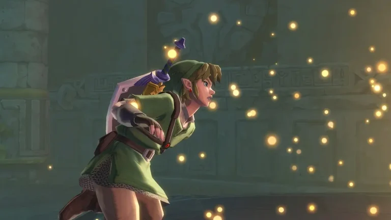 The Legend of Zelda Skyward Sword Switch NSP Link crouching in ancient ruins with glowing fireflies