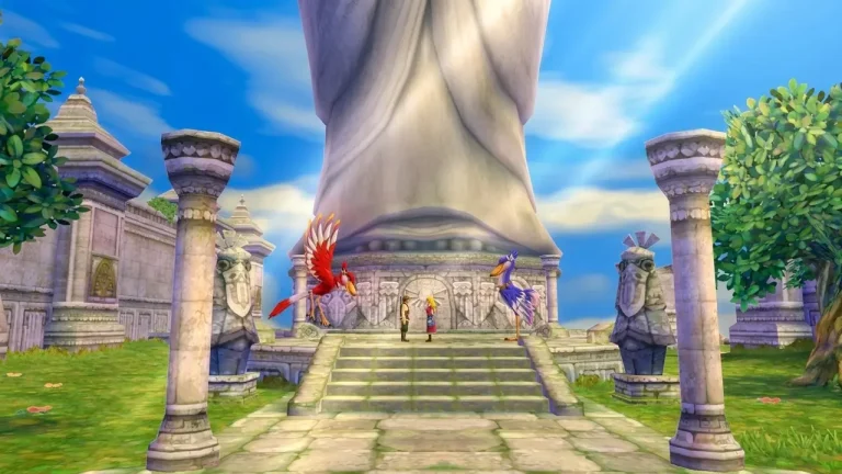 The Legend of Zelda Skyward Sword Switch NSP Link and Zelda at Skyloft temple statue with Loftwing birds