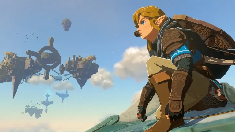 Link standing on a Sky Island overlooking floating ruins in Tears of the Kingdom