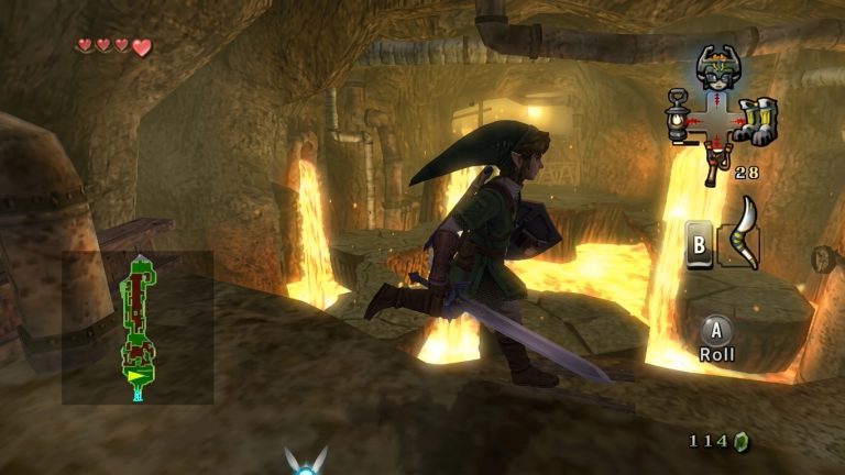 The Legend of Zelda Twilight Princess Switch NSP Link running through fiery underground cave