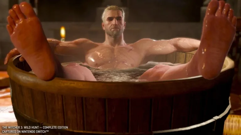 The Witcher 3 Wild Hunt Switch NSP Geralt relaxing in bathtub in iconic Witcher 3 Switch scene