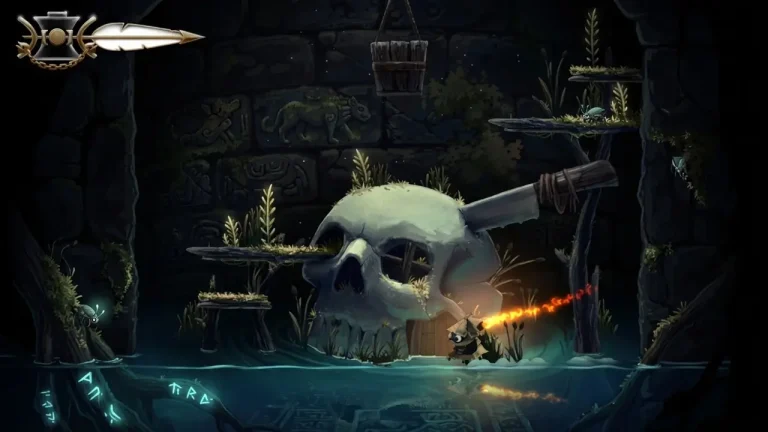 Well Dweller Switch NSP Hooded torch-carrying character exploring a swamp with a giant carved skull shrine and glowing runes
