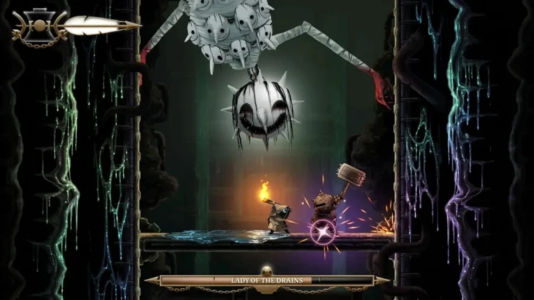 Well Dweller Switch NSP Player character battling a spiked wrecking-ball boss called Lady of the Drains alongside an armored ally
