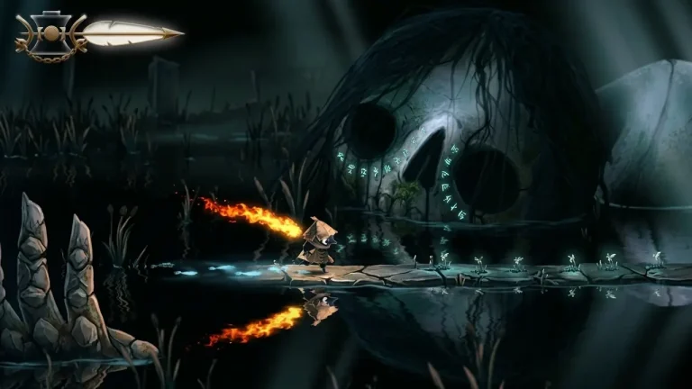 Well Dweller Switch NSP Small torch-lit character walking across a stone path beside a massive root-covered skull with glowing symbols
