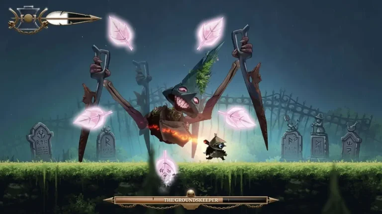 Well Dweller Switch NSP Player character facing The Groundskeeper, a scarecrow-like boss with scythe arms and glowing leaves, in a graveyard