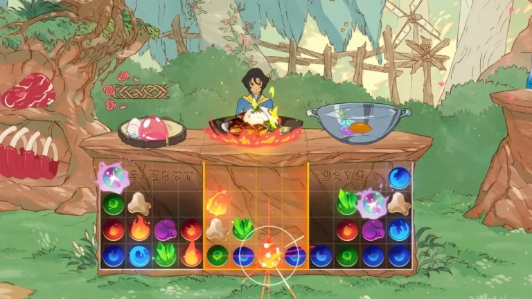 Battle Chef Brigade Deluxe Switch NSP Chef cooks a dish using a match-style grid of fire, water, and earth orbs