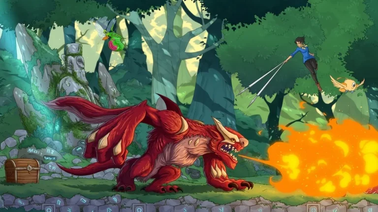 Battle Chef Brigade Deluxe Switch NSP A chef throws a trident at a fire-breathing red monster in a forest boss fight