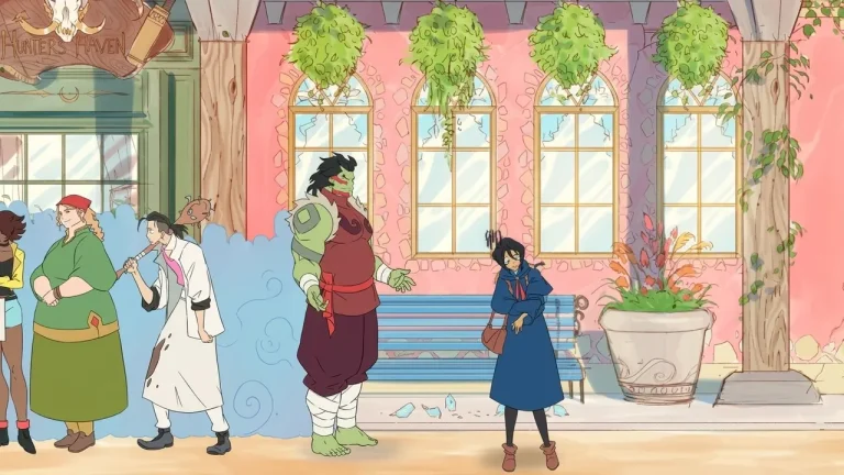 Battle Chef Brigade Deluxe Switch NSP Characters gather on a sunny street outside the Hunters Haven shop