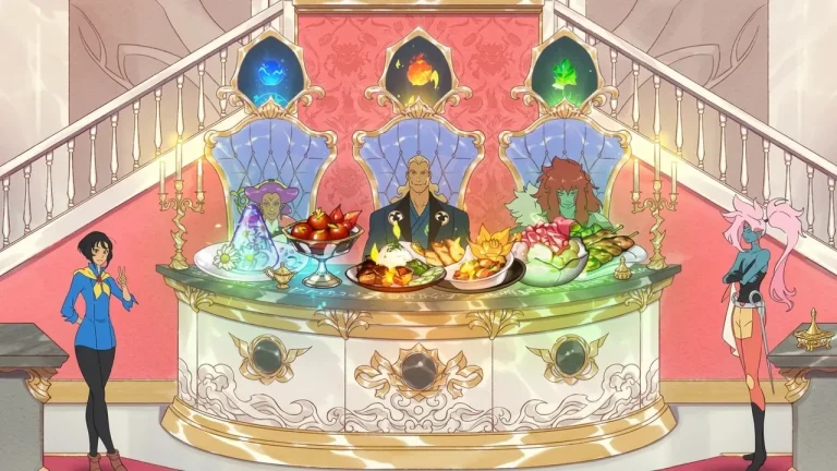 Battle Chef Brigade Deluxe Switch NSP Three fantasy judges sit behind a table of dishes to score a cooking contest