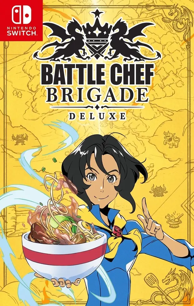 Battle Chef Brigade Deluxe Switch NSP Nintendo Switch cover art for Battle Chef Brigade Deluxe showing a chef holding a steaming bowl of noodles.