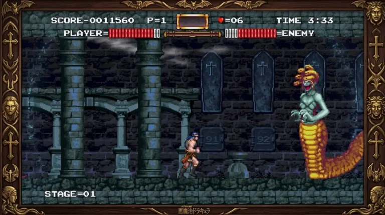 Castlevania Dominus Collection Switch NSP Retro pixel art Castlevania stage with a whip-wielding hero facing a golden-haired Medusa