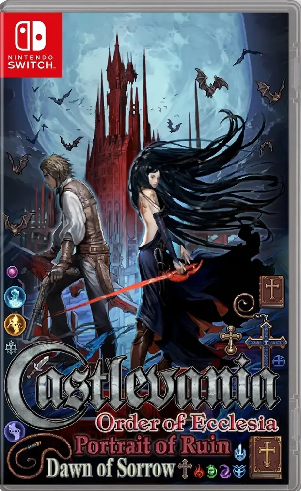 Castlevania Dominus Collection Switch NSP Nintendo Switch cover art with a gunslinger and a black-haired woman in front of a red gothic castle under a full moon