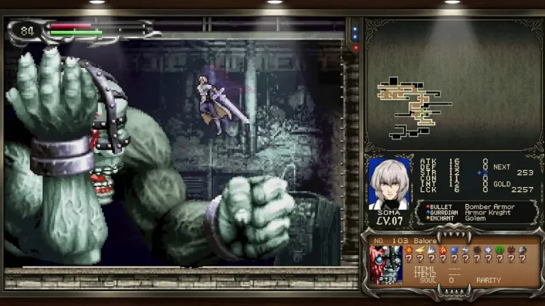 Castlevania Dominus Collection Switch NSP Soma Cruz leaping with a sword toward Balore, a giant green demon with massive fists