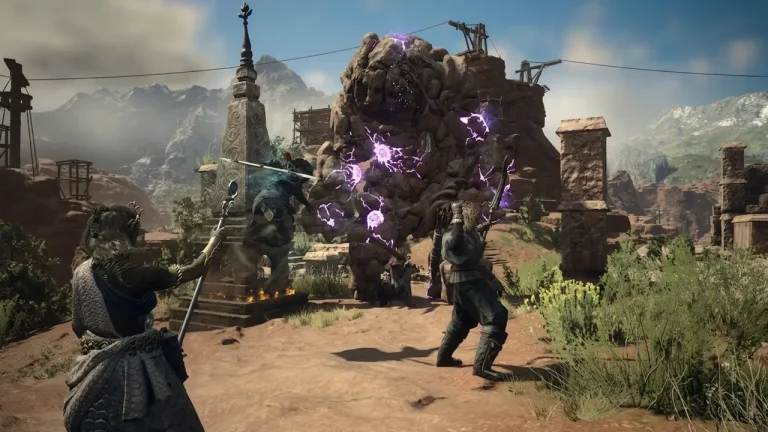 Dragon’s Dogma 2: Dark Arisen Switch NSP Two warriors battle a hulking rock golem crackling with purple crystal energy