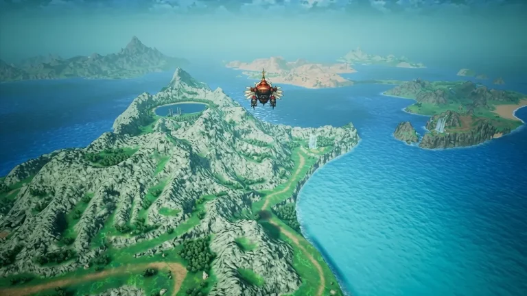 Final Fantasy Resonance Switch NSP Red airship flying over a green mountain island with a crater lake, waterfalls, and blue ocean