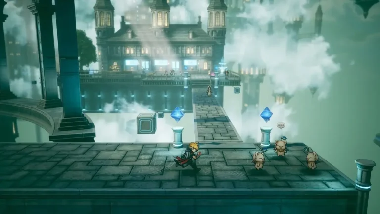 Final Fantasy Resonance Switch NSP Blond hero running along a stone walkway toward a misty sky mansion with blue crystals and three Moogles