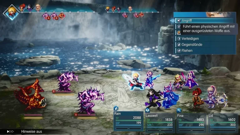 Final Fantasy Resonance Switch NSP Pixel-art party of heroes battling purple monsters and a red fish creature beside a waterfall