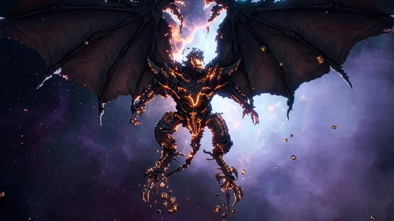 Final Fantasy Resonance Switch NSP Giant winged armored demon with glowing orange runes hovering in front of a purple space nebula